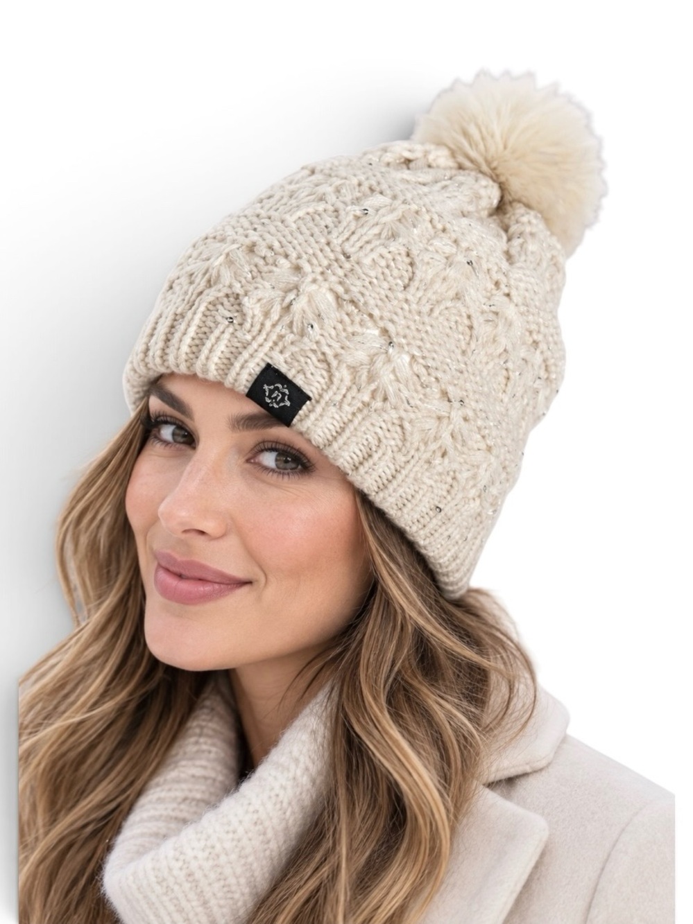 Nanette Lepore Ivory Sequin Cable Knit Pom Pom Beanie NWOT